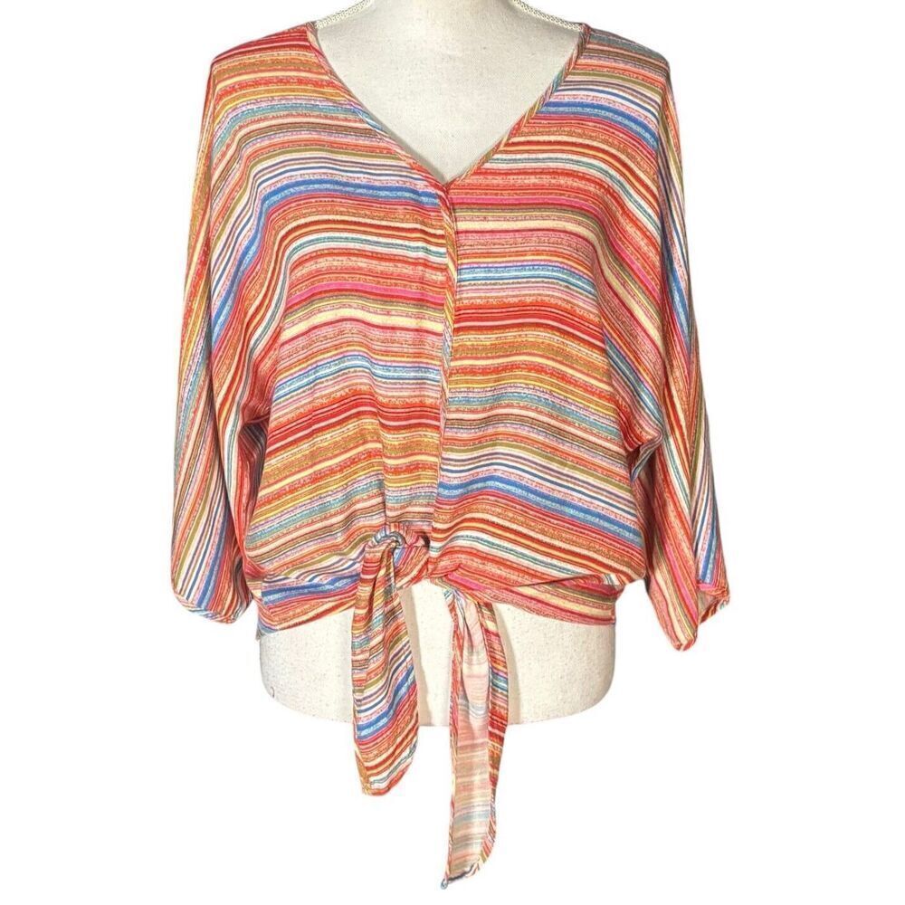 Ali Miles Top Size Small Orange Stripes Knot Front Artsy 3/4 Sleeves Art to Wear - Picture 9 of 10
